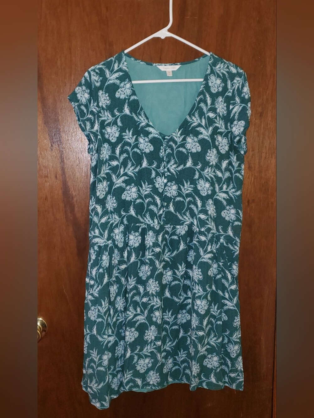 Garnet Hill Green Floral V-Neck Dress W/Pockets Sz Medium
